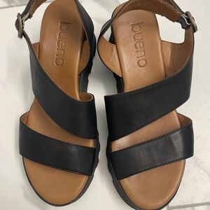 Bueno Jianna Black Platform Leather Sandals with Adjustable Ankle Strap
